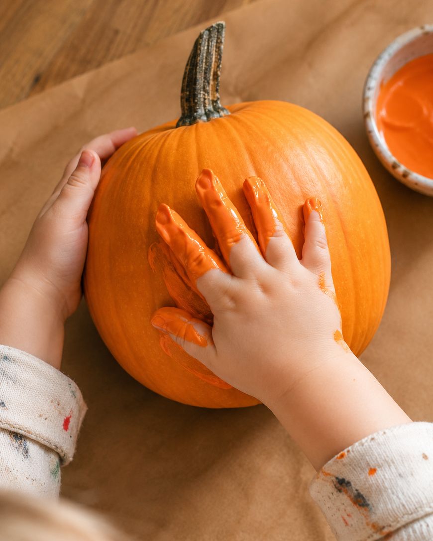 A childs hand, covered in orange paint, presses against a pumpkin. A bowl of orange paint sits nearby on a brown surface, suggesting pumpkin decorating or painting activity.