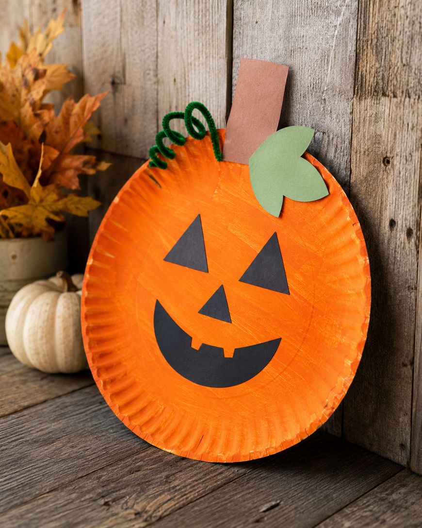 Paper plate painted orange to look like a jack-o-lantern with black eyes, nose, mouth, green leaf, brown stem, and green pipe cleaner vine, leaning against a wooden wall next to autumn leaves and a white pumpkin.