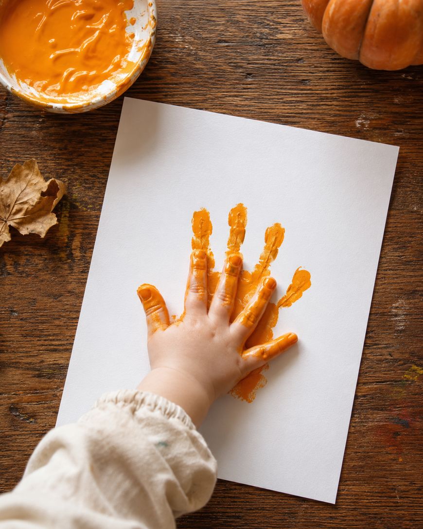 A childs hand, covered in orange paint, presses onto white paper, creating a handprint. A bowl of paint, a pumpkin, and a dry leaf sit on the wooden table around the paper.