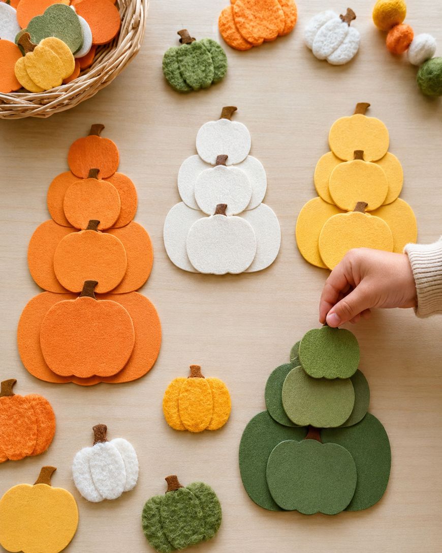 A childs hand stacking felt pumpkin shapes in green, surrounded by orange, white, and green felt pumpkins arranged in piles on a light wooden table. A basket of pumpkin shapes sits in the upper left corner.