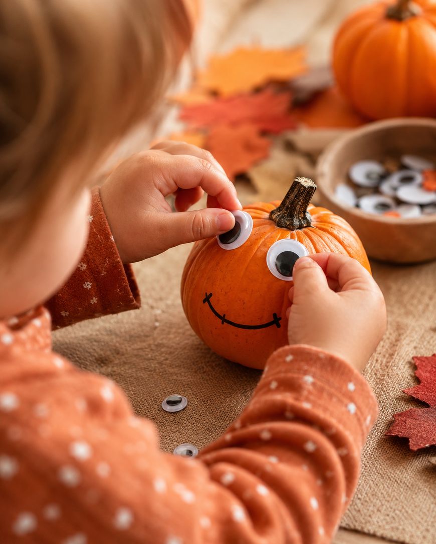 A child places googly eyes on a small pumpkin with a drawn smiley face. Autumn leaves and more googly eyes are on the table, creating a festive, fall atmosphere.