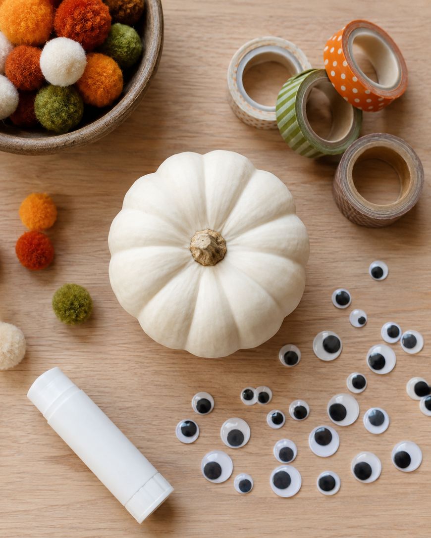 A white pumpkin is surrounded by googly eyes, colorful pom-poms, washi tape rolls, and a glue stick on a wooden surface, suggesting a festive craft project.
