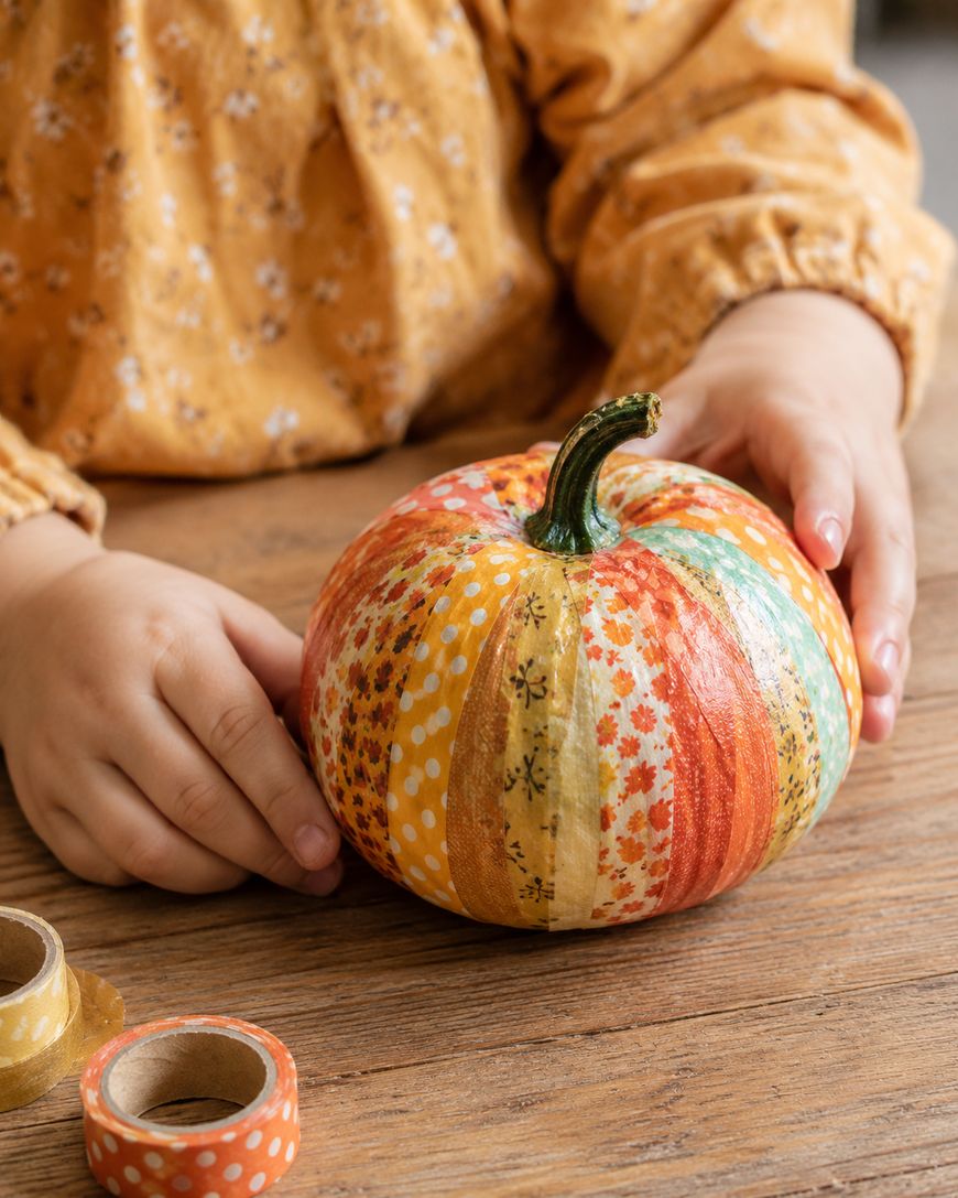 Childs hands holding a small pumpkin decorated with strips of colorful patterned tape, resting on a wooden surface with more rolls of tape nearby.