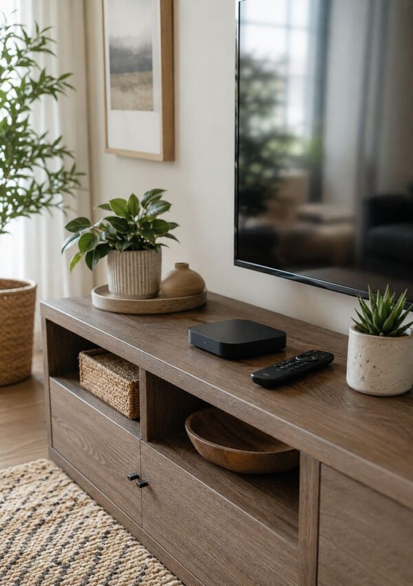 A modern living room with a large wall-mounted TV, wooden media console holding plants, a remote, and decor items. A woven basket plant and framed art are nearby, and natural light fills the cozy space.