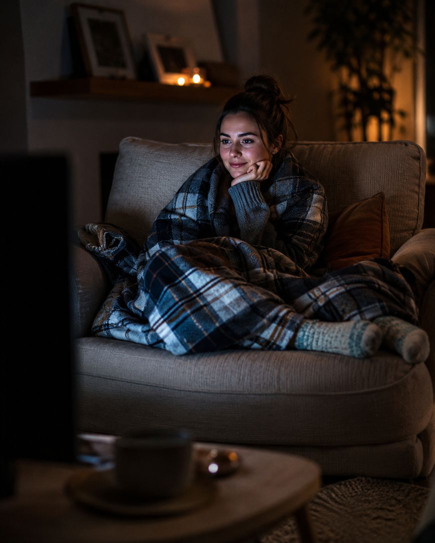 A person sits in an armchair, wrapped in a plaid blanket, watching TV. The room is dimly lit with candles in the background, creating a cozy, relaxed atmosphere.