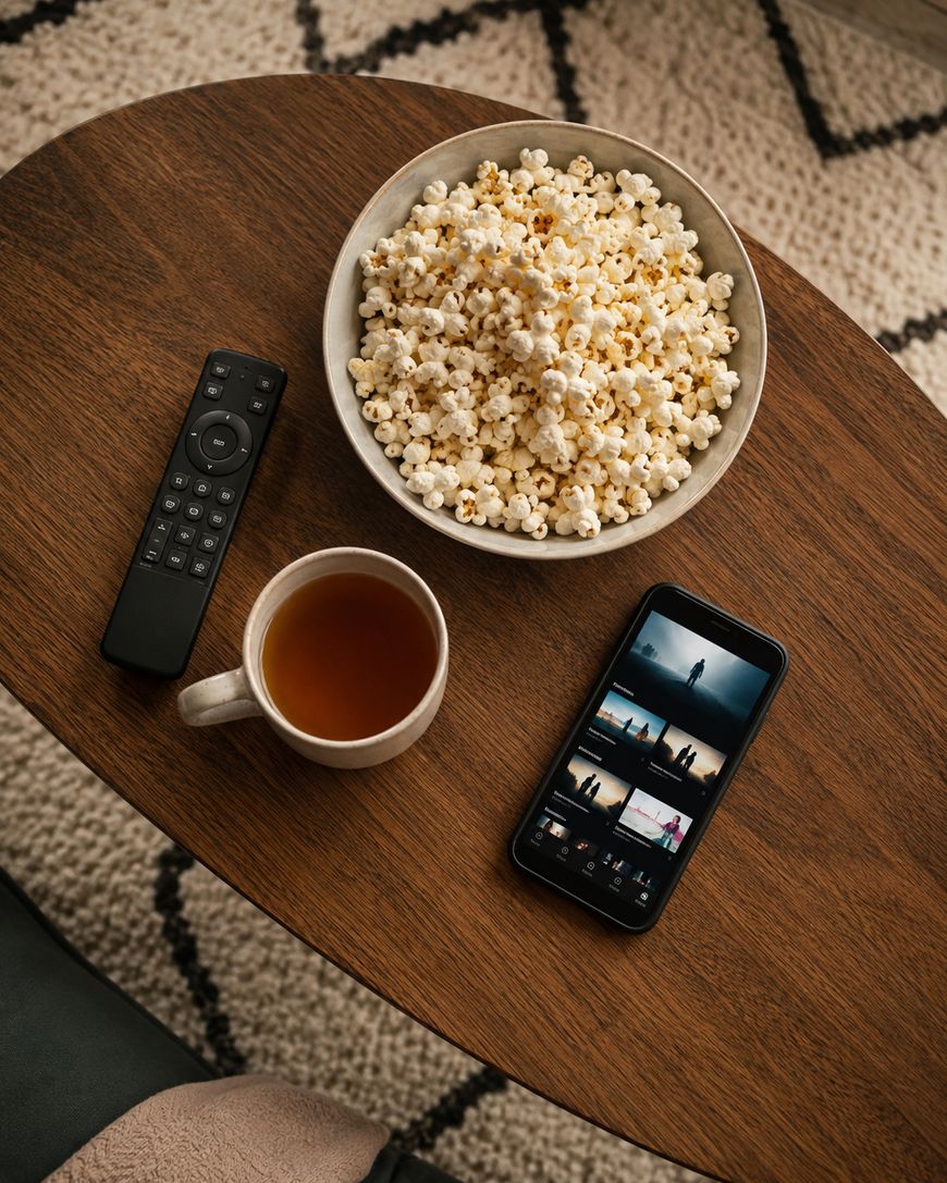 A wooden table with a bowl of popcorn, a mug of tea, a TV remote, and a smartphone displaying a video streaming app. A patterned rug is visible in the background.