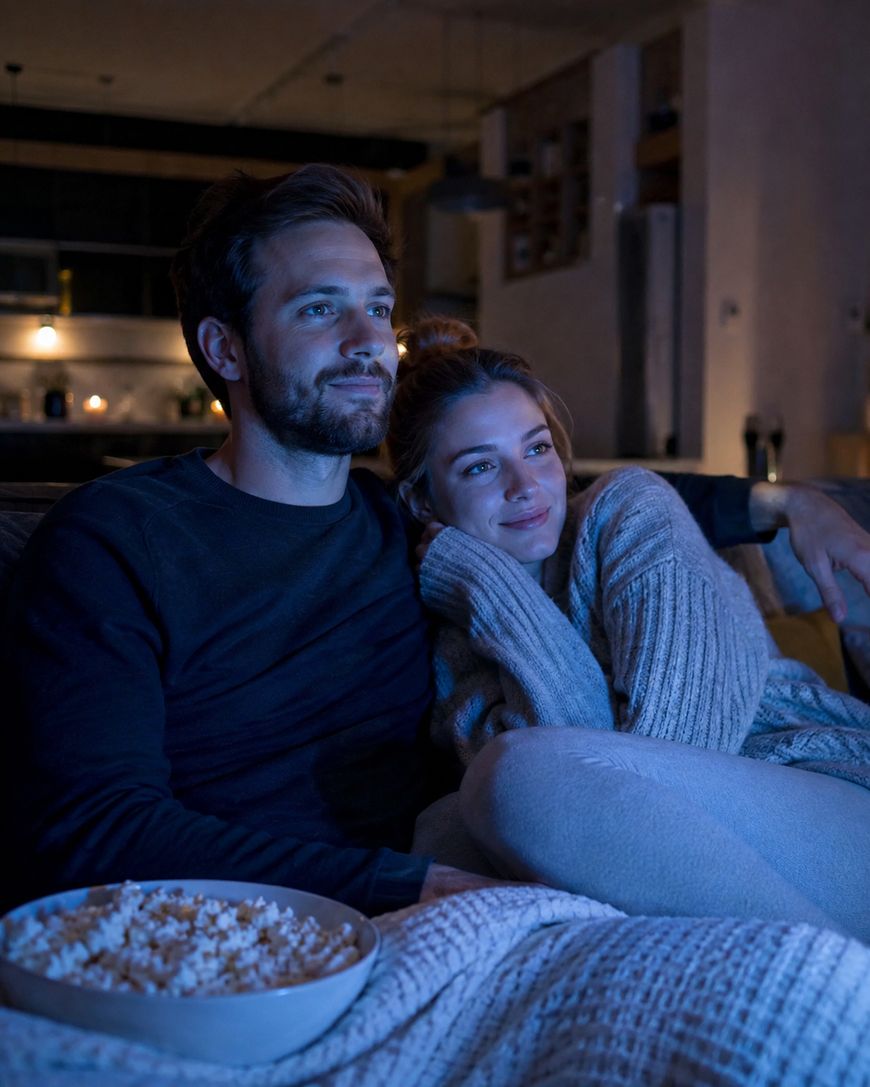 A couple sits on a couch under a blanket, watching TV in a cozy, dimly lit room. The woman leans on the mans shoulder, both smiling. A bowl of popcorn rests in front of them.