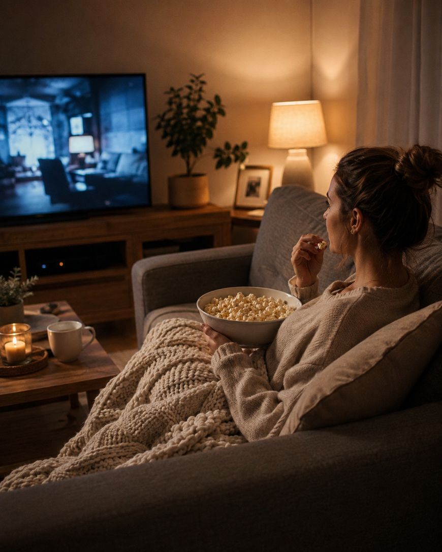 A person sits on a couch under a knitted blanket, eating popcorn and watching TV in a cozy, softly lit living room.