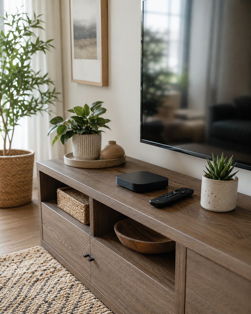 A modern living room with a wooden TV stand holding potted plants, a small black device, a remote, woven basket, and wooden bowl. A flat-screen TV is mounted on the wall; a plant and framed art are in the background.