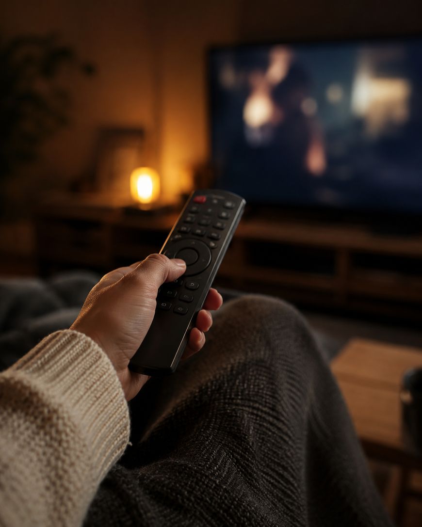 A person holding a TV remote while sitting under a blanket, watching a blurred television screen in a dimly lit, cozy room.