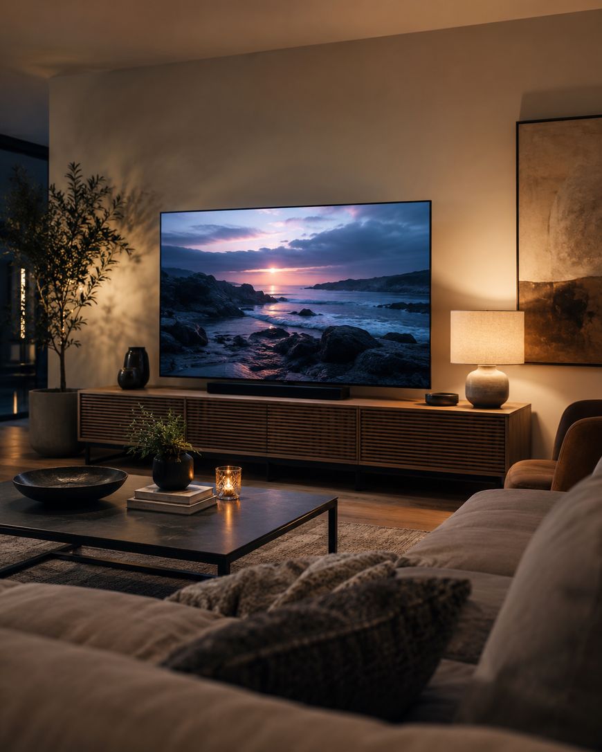 A cozy living room with a sofa, coffee table, and a TV displaying a sunset over rocky shores. Warm lighting from a lamp and candles creates a relaxing atmosphere.