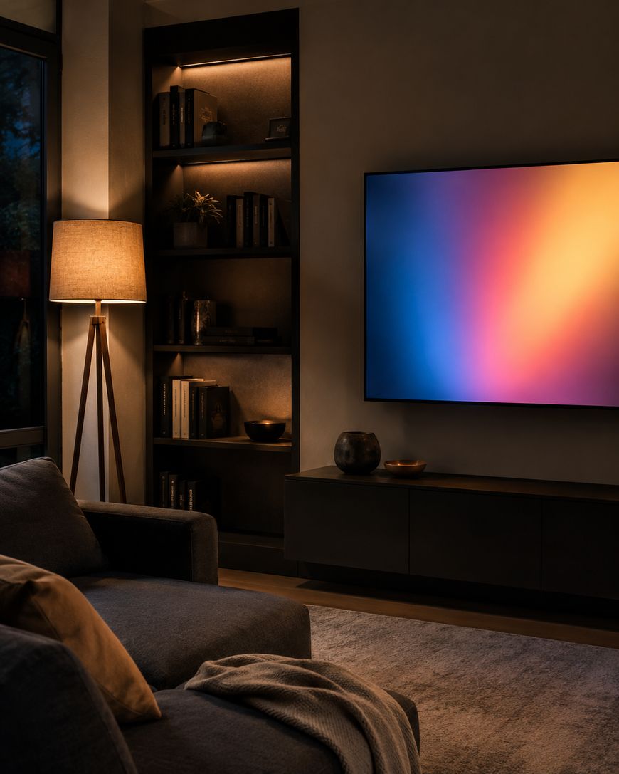 A cozy living room with a glowing floor lamp, shelves with books and decor, a gray sofa, and a wall-mounted TV displaying a soft, colorful gradient. Warm ambient lighting creates a relaxing atmosphere.