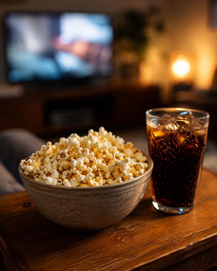 A bowl of popcorn and a glass of soda with ice sit on a table, with a blurry television screen and cozy room lighting in the background.