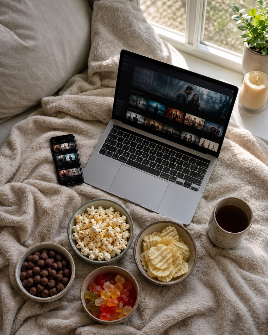 A cozy bed setup with a laptop showing movies, a smartphone, bowls of popcorn, chips, chocolate balls, gummy candies, a cup of coffee, a candle, and a blanket by a window.