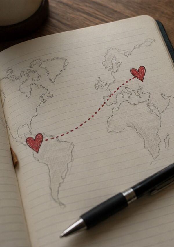 A notebook shows a world map sketch with two red hearts, one in South America and one in Europe, connected by a dotted line. A pen rests nearby on the page.