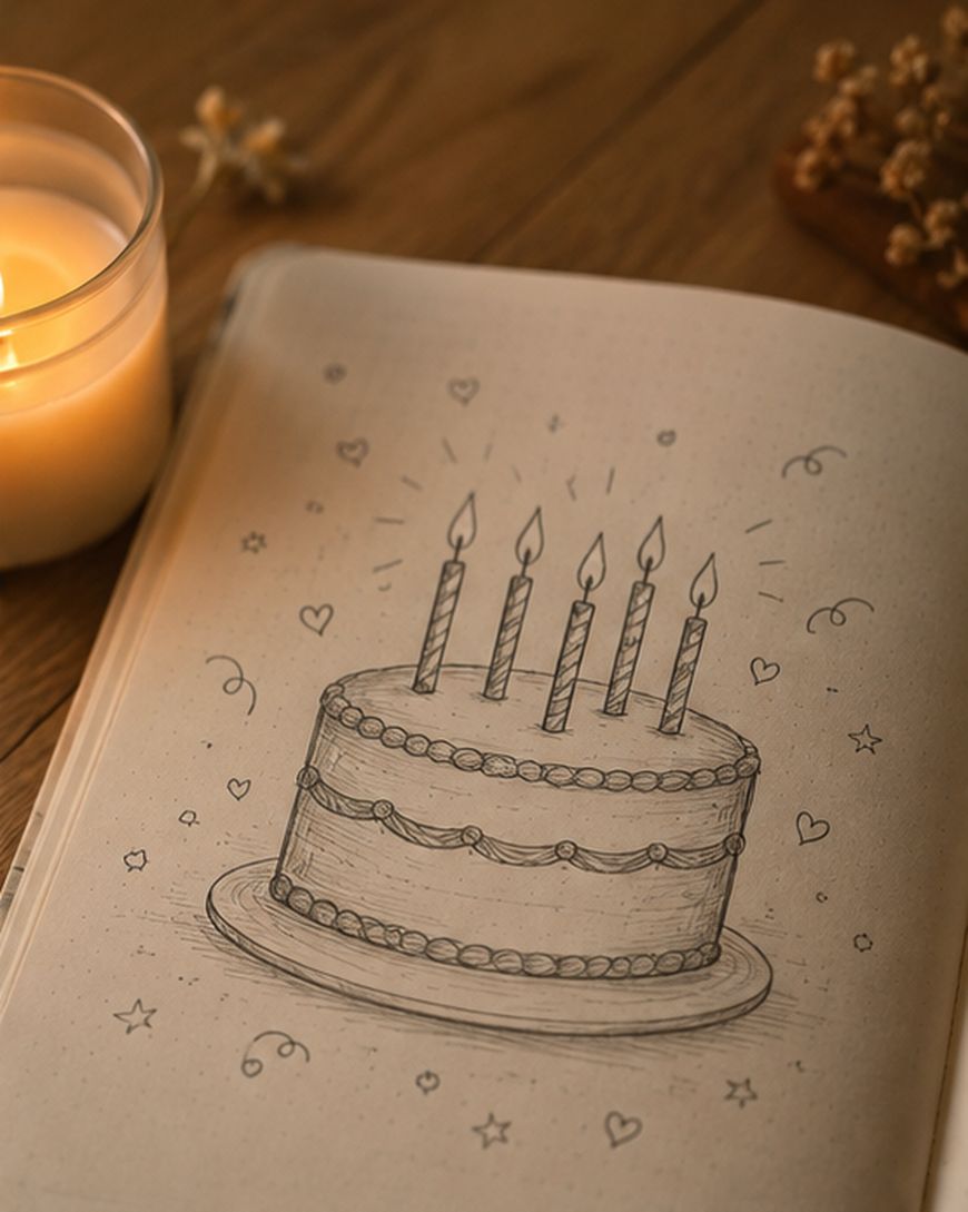 A sketch of a birthday cake with five lit candles is drawn in a notebook. A lit candle in a glass holder sits nearby on a wooden surface with small dried flowers in the background.