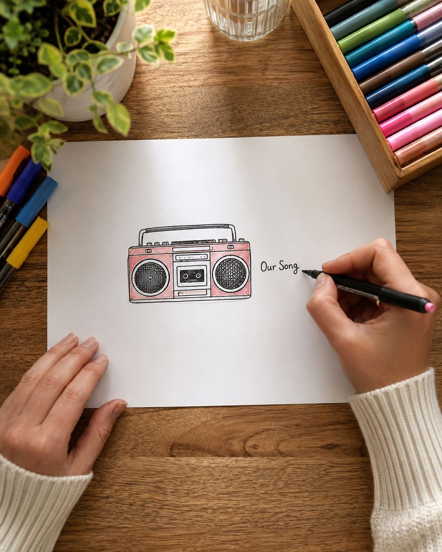 A person draws a retro radio and writes Our Song on white paper. Colored pens and a plant are on the wooden desk.