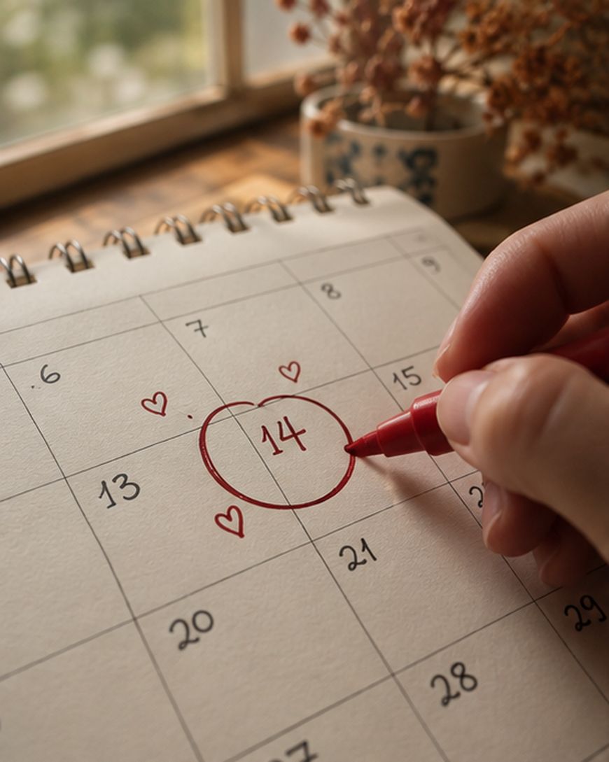 A hand circles the 14th on a calendar with a red marker, surrounded by small red hearts. A window and dried flowers are visible in the background.