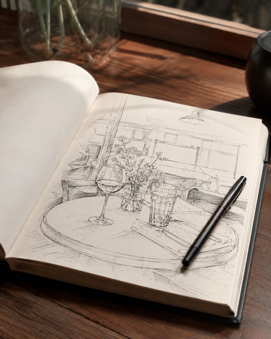 A sketchbook lies open on a wooden table, displaying a detailed drawing of a café scene with a wine glass, water, vase, and notebook. A black pen rests on the page next to the sketch.
