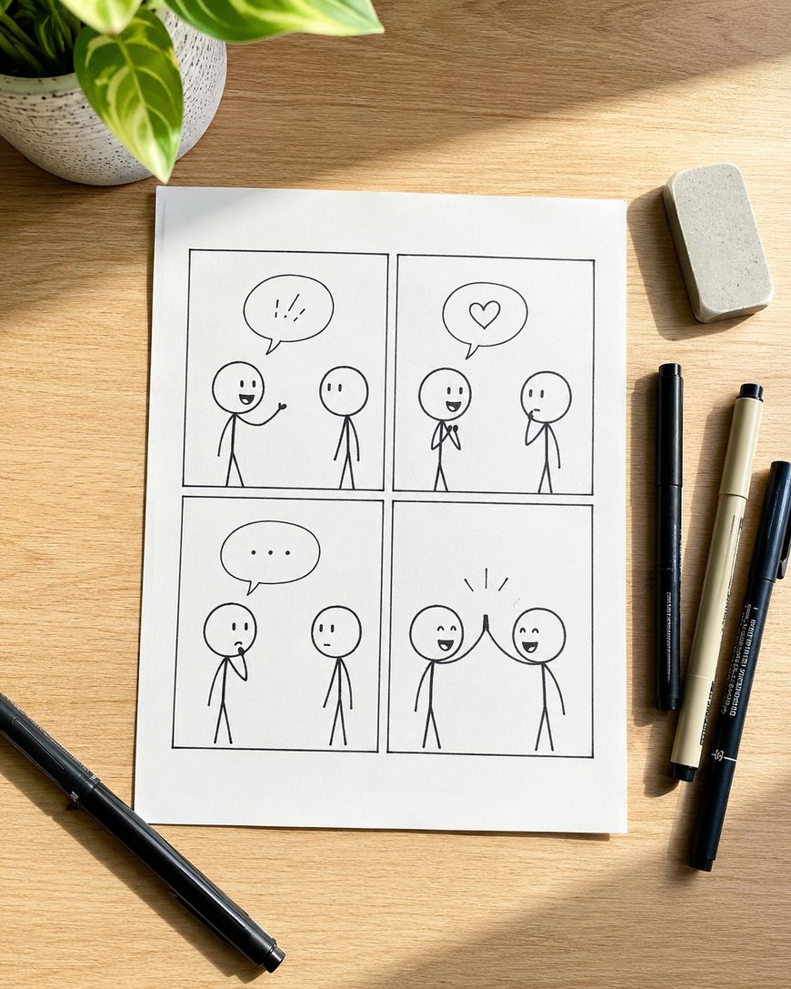 A four-panel comic shows two stick figures talking, one sharing an idea, the other a heart. They pause, then happily high-five. Pens, eraser, and a plant are on the wooden table around the paper.