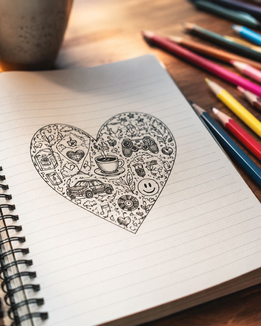 A heart shape filled with doodles of everyday objects is drawn in a spiral notebook. Colored pencils and a cup sit nearby on a wooden surface.