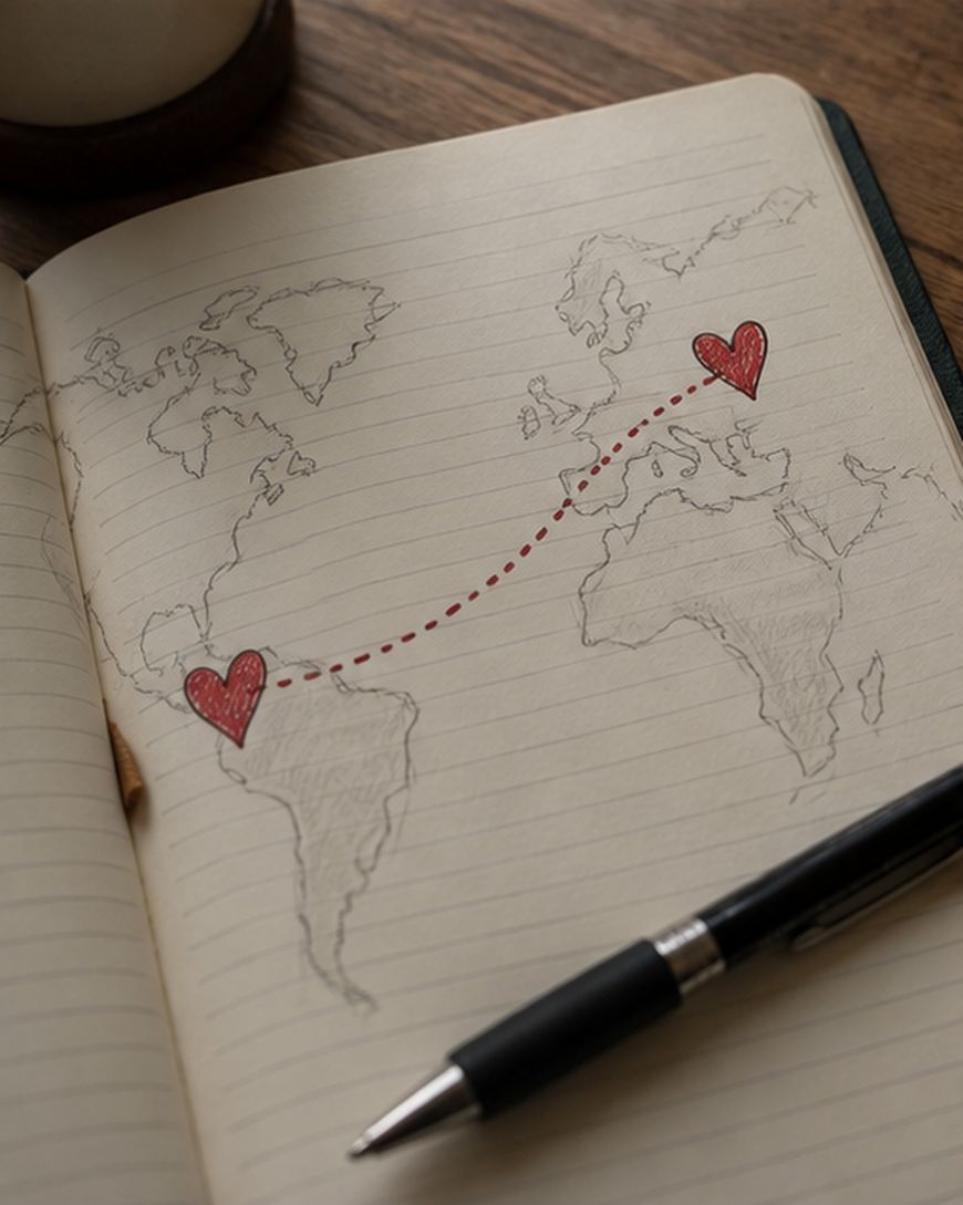 Open notebook with a world map sketch, two red hearts on different continents connected by a dotted line, and a black pen resting on the page.