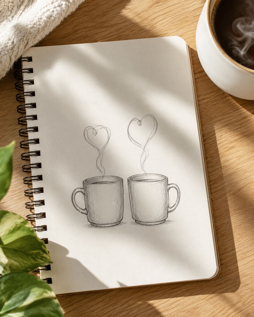 A spiral notebook shows a pencil sketch of two mugs with heart-shaped steam rising. Shadows, a plant, and a cup of coffee are visible nearby on a wooden surface.