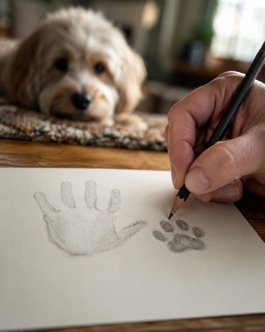 A person sketches a handprint and a paw print on paper while a fluffy dog lies in the background, watching from a table.