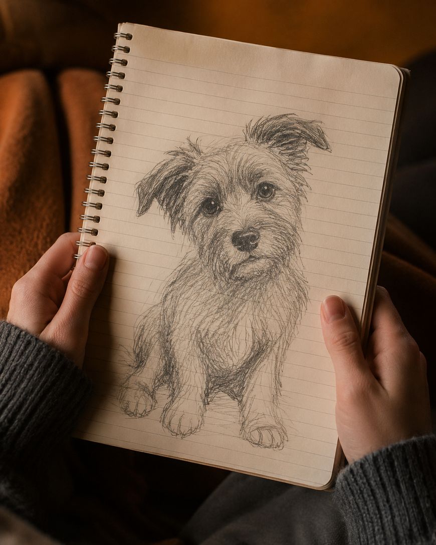A person holds a spiral notebook displaying a pencil sketch of a cute, fluffy dog with its head tilted, drawn on lined paper.