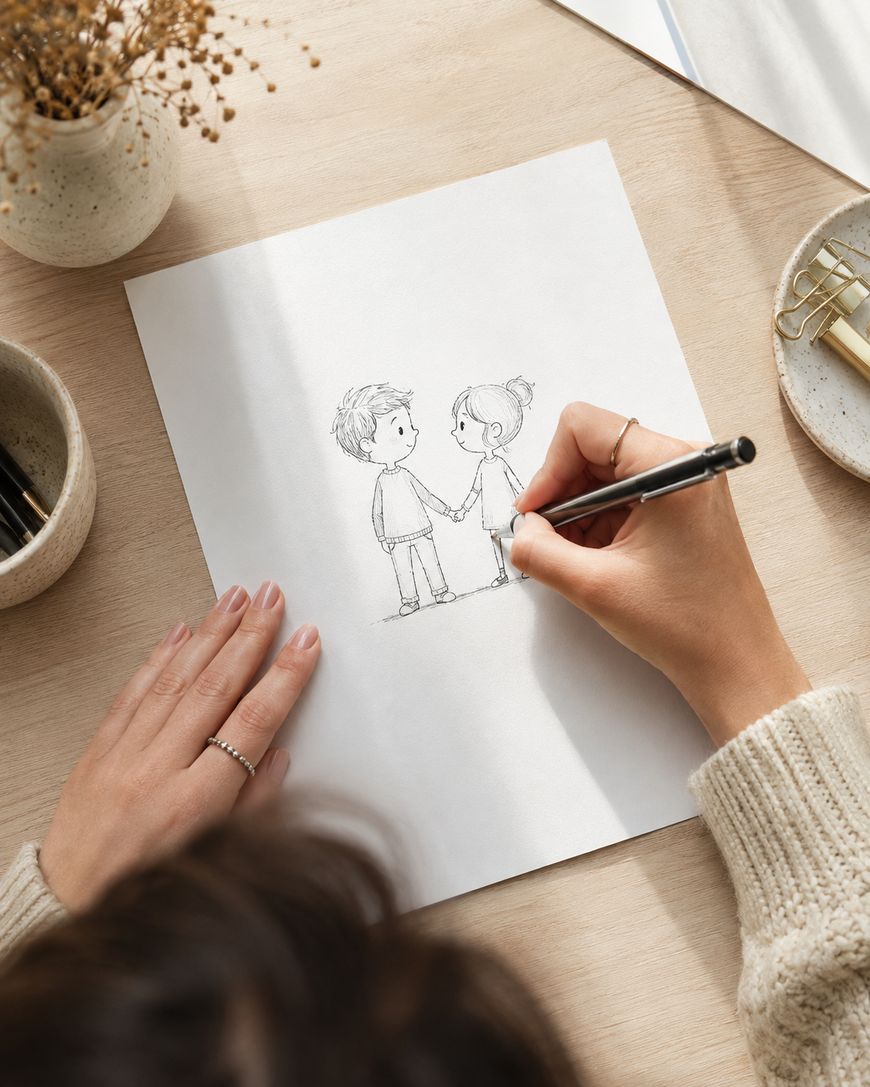 A person sketches two cartoon children holding hands on a white sheet of paper, surrounded by a beige tabletop with dried flowers, a paper clip, and a brown mug nearby.