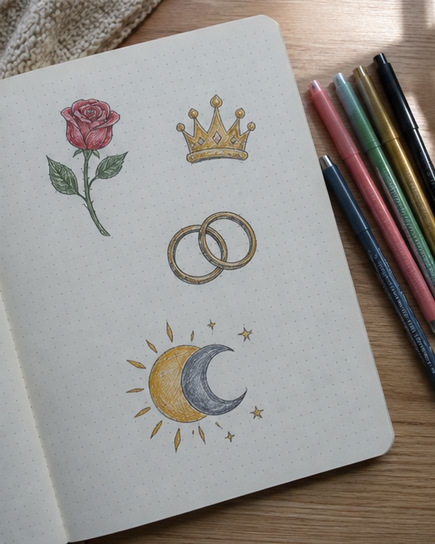 An open dotted notebook shows drawings of a rose, a crown, two interlocking rings, and a sun with a crescent moon. Five colored pens and part of a beige cloth are also visible on a wooden surface.