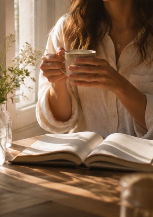 A person in a white shirt holds a mug and sits at a wooden table with an open book. Soft sunlight streams through a nearby window, illuminating a vase with small flowers.