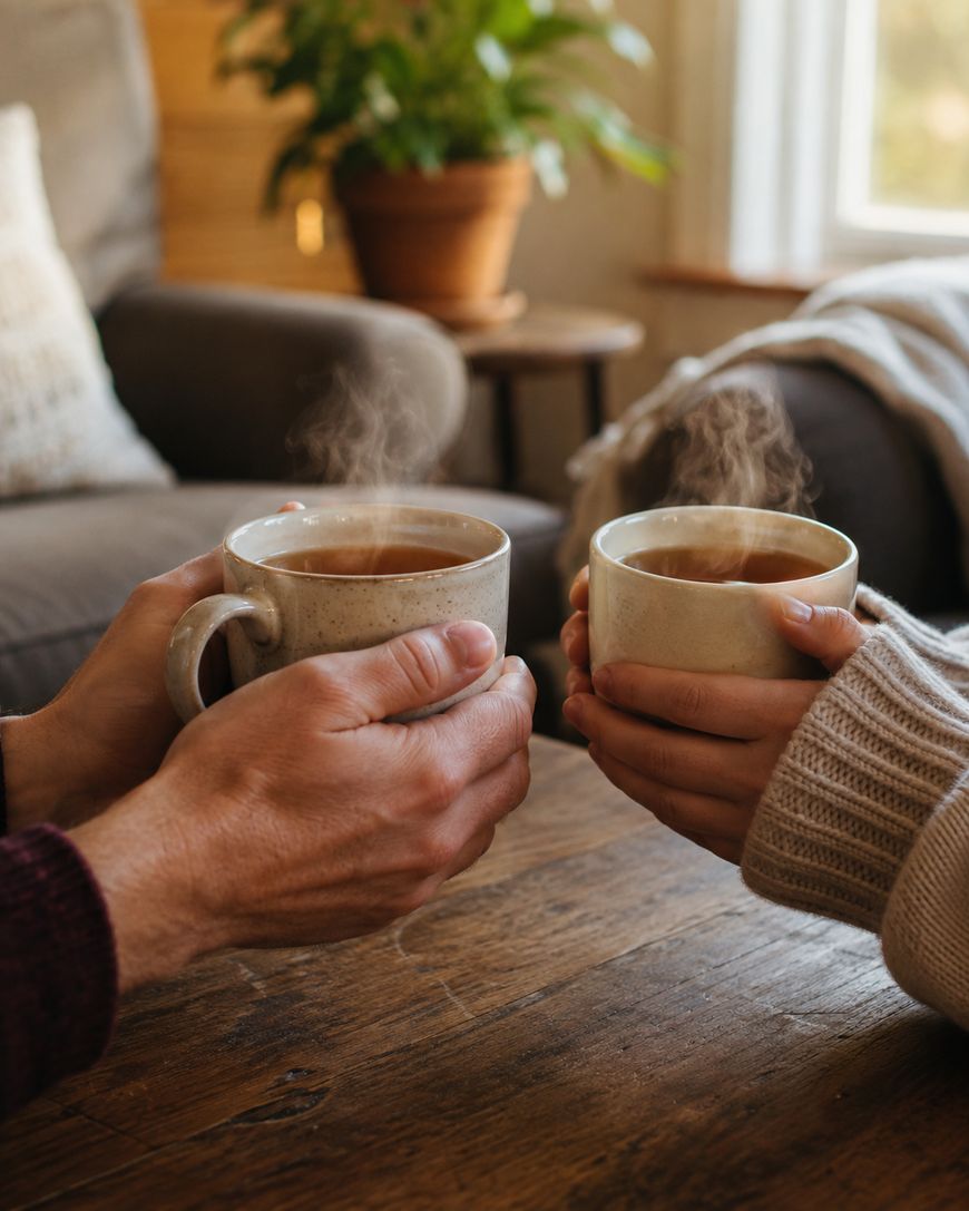 Two people holding steaming mugs of tea or coffee across a wooden table in a cozy living room, with a potted plant and window in the background.