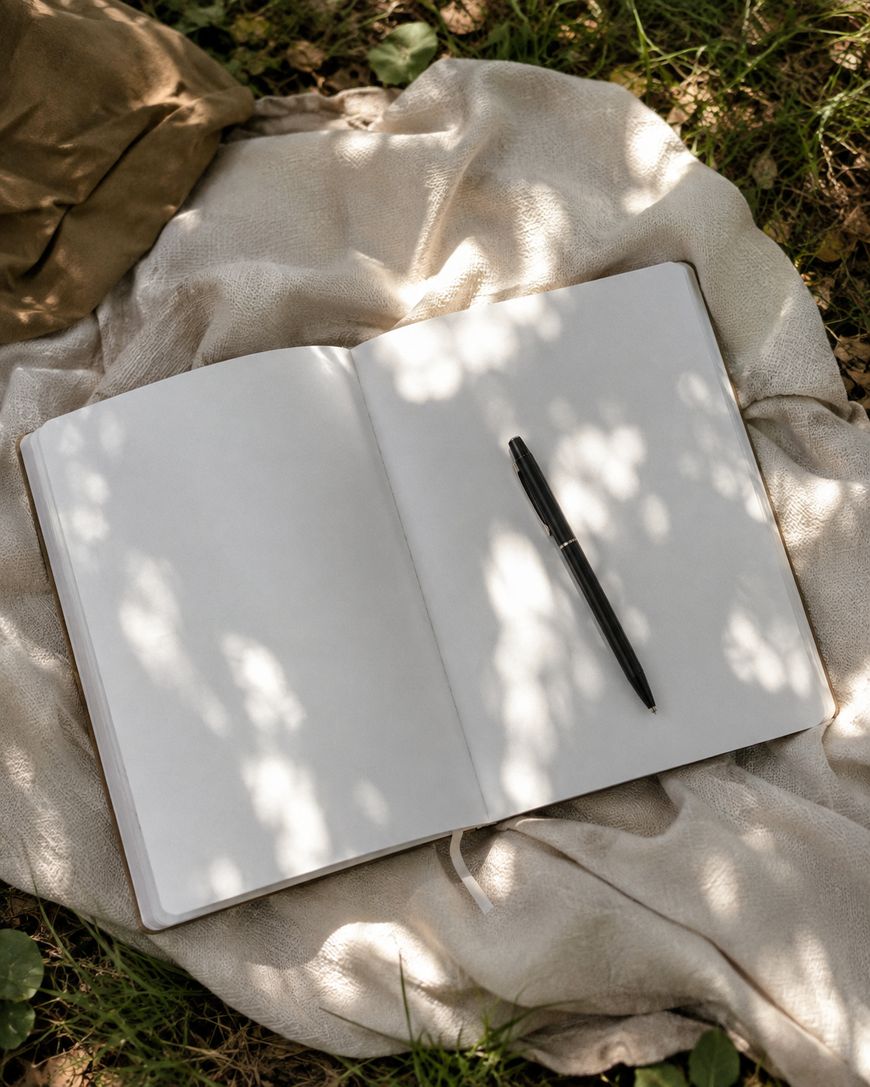 An open blank notebook with a black pen rests on a light cloth outdoors, with dappled sunlight and shadows from tree leaves falling across the pages and grass visible around the edges.