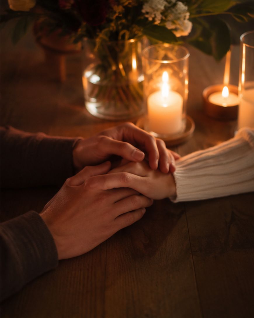 Two people holding hands on a wooden table, surrounded by lit candles and a vase of flowers, creating a warm and intimate atmosphere.