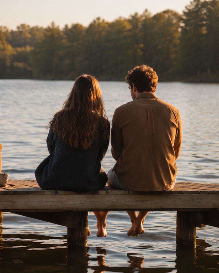 Two people sit side by side on a wooden dock, their feet dangling over the water. They face a calm lake surrounded by trees, bathed in warm, golden sunlight, suggesting a peaceful, reflective moment.