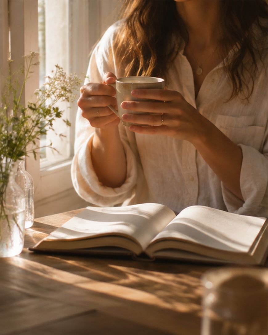 A person in a white shirt holds a mug and sits by a sunlit window with an open book on a wooden table and vases of flowers nearby.