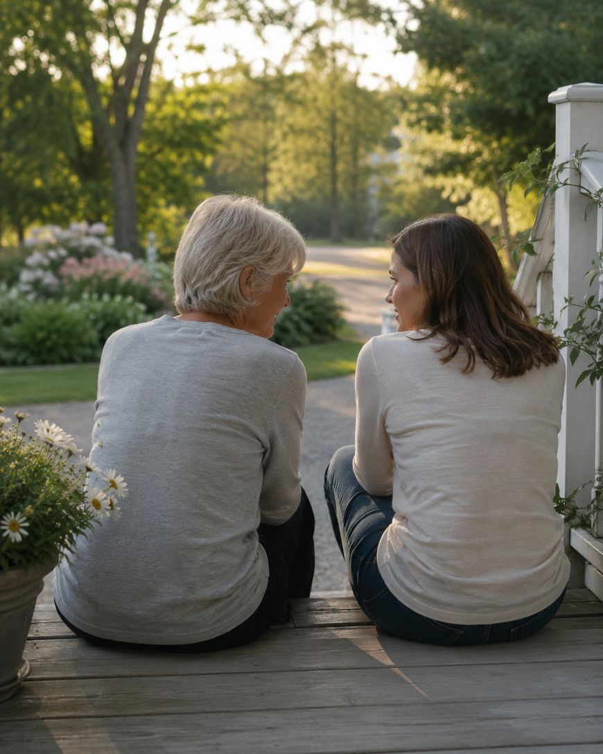 Two women sit on outdoor steps, facing each other and smiling, surrounded by green trees and flowers on a sunny day.