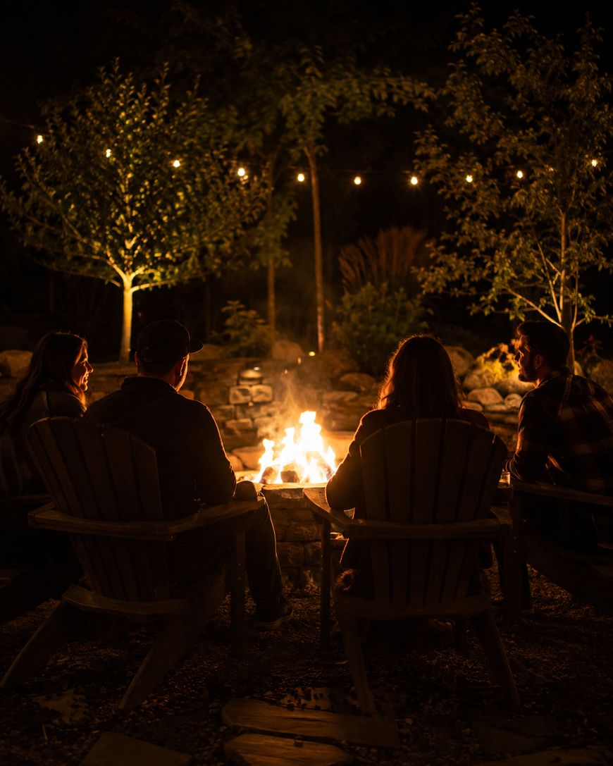 Four people sit around a glowing outdoor fire pit at night, surrounded by trees and string lights, with their backs to the camera.