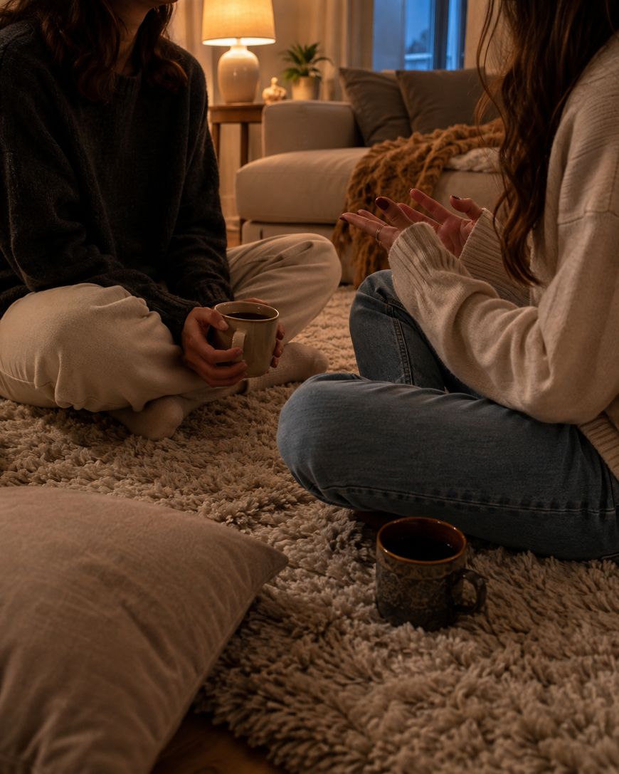 Two people sit cross-legged on a plush rug, holding mugs and talking in a cozy, warmly lit living room with a sofa, pillow, lamp, and blanket in the background.