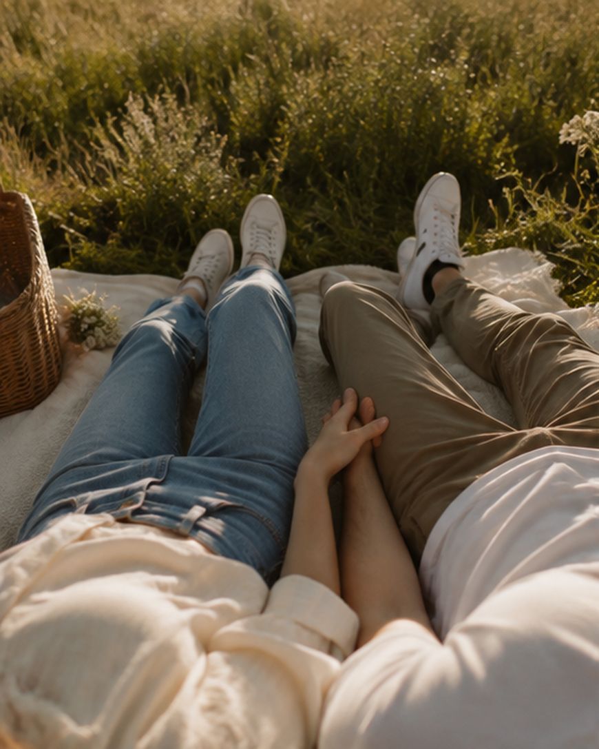 Two people lie on a blanket in the grass, holding hands. They wear casual clothes and white sneakers. A picnic basket sits beside them, suggesting a relaxed outdoor setting.