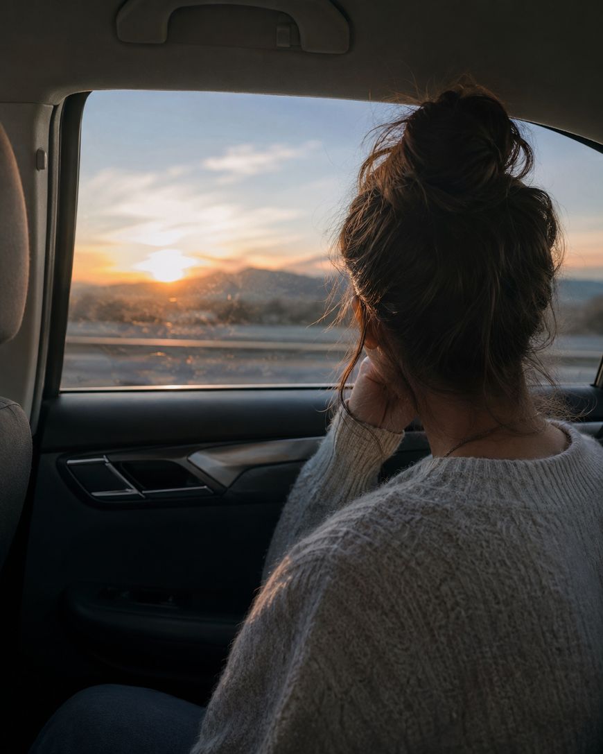A person with a messy bun and a white sweater sits in a car, gazing out the window at a sunset over distant mountains.