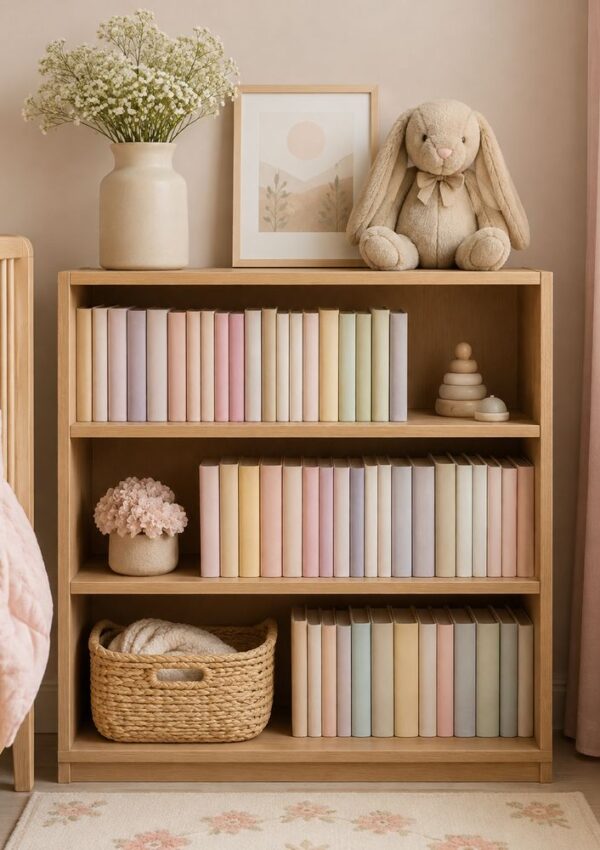 Nursery bookshelf with pastel-colored books, a plush bunny, a vase of flowers, a framed print, wooden stacking rings, a woven basket, and soft pink decor.