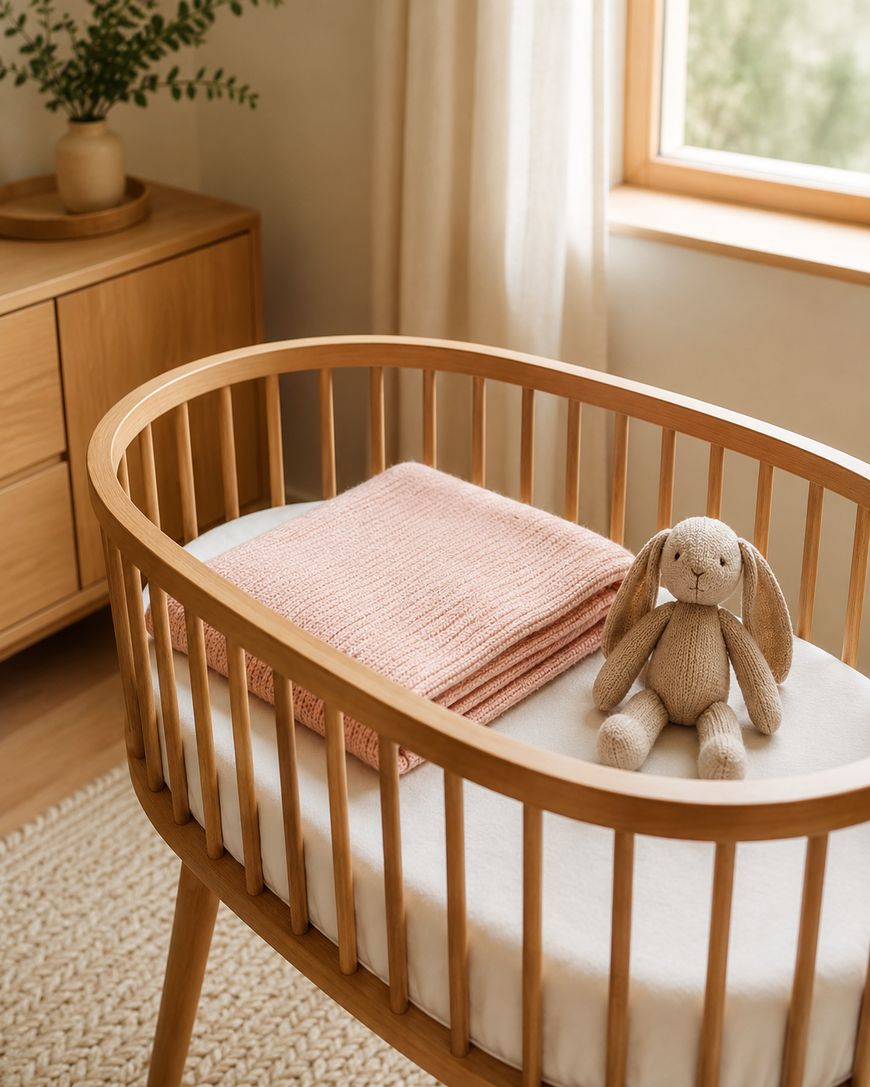 A wooden baby crib with a folded pink blanket and a knitted bunny toy inside, set in a softly lit nursery with natural wood furniture and a window.