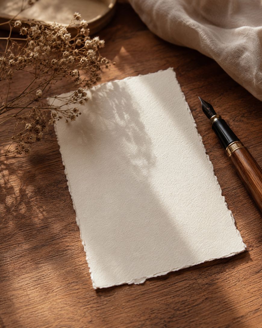 A blank sheet of textured paper on a wooden surface, with a fountain pen nearby, dried flowers, and soft sunlight casting shadows across the scene.