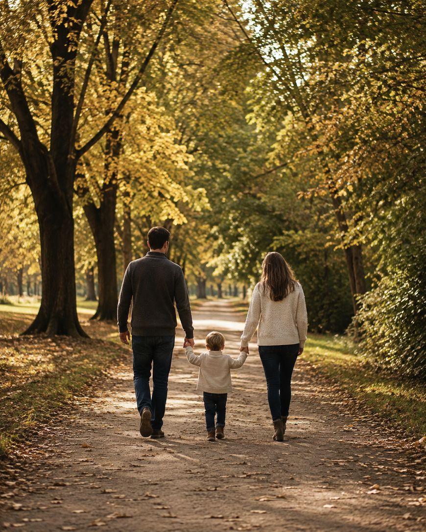 A family of three walks hand-in-hand down a tree-lined path in a sunlit park, with leaves covering the ground and green and yellow foliage overhead.