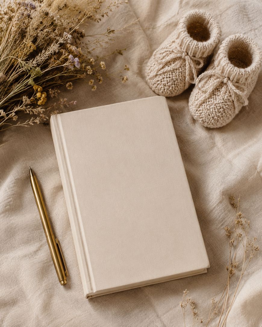 Beige journal with a gold pen, knitted baby booties, and dried flowers on a cream fabric background.