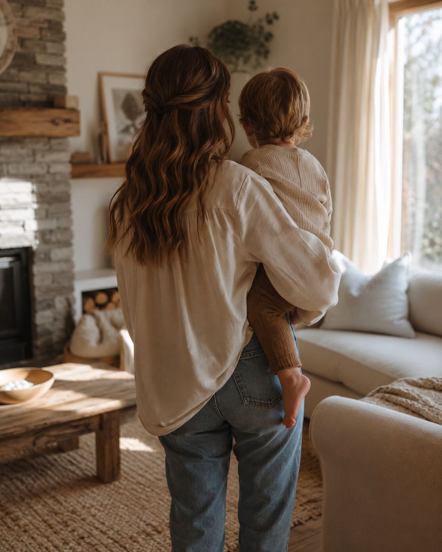 A woman with wavy hair holds a young child in a sunlit living room with cozy decor, including a stone fireplace, wooden table, and neutral furnishings. Both are facing away from the camera.