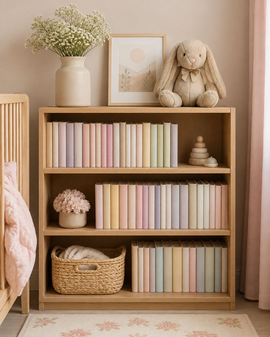 Wooden bookshelf with pastel-colored books, a plush bunny, a vase of flowers, a framed art print, a basket, a wooden toy, and soft pink decor in a cozy nursery setting.