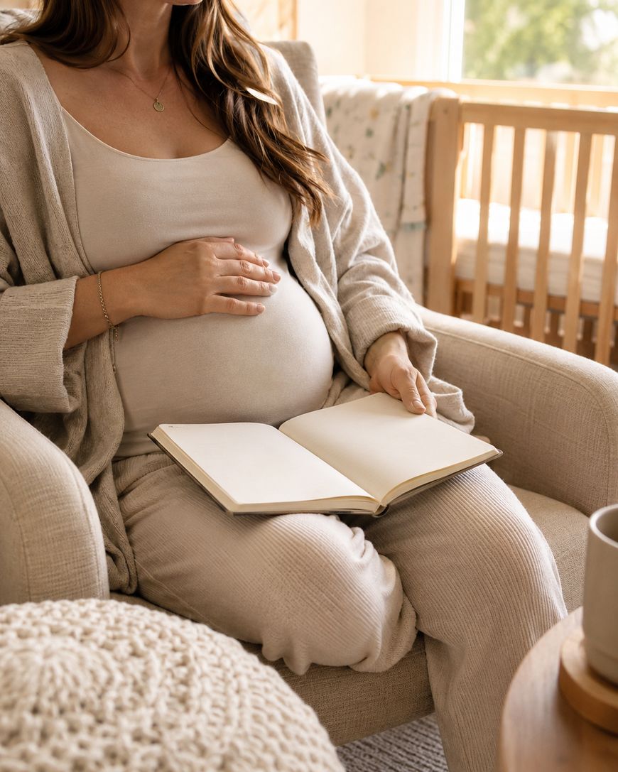 A pregnant woman in cozy loungewear sits in an armchair, holding her belly with one hand and an open notebook in her lap. A crib and window are in the background, creating a calm, homey atmosphere.
